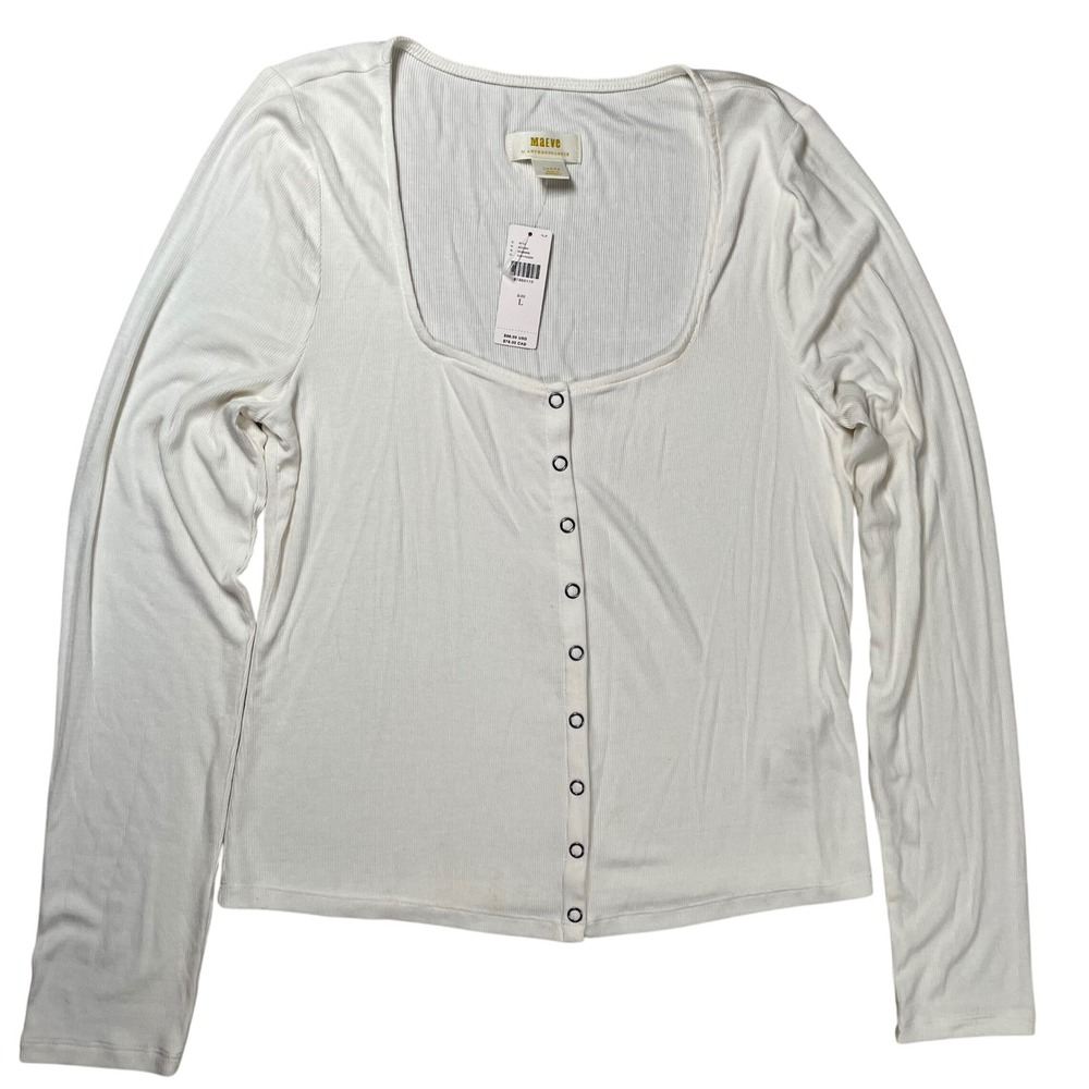 New Maeve Anthropologie Long Sleeve Top Womens Large Ivory Ribbed Snap Front‎